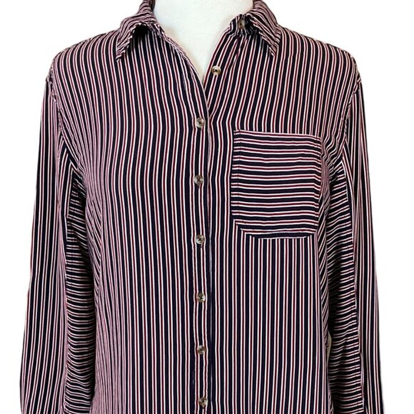 Maeve Anthropologie Adelaide Navy Red Striped Poplin Button Down Blouse Small - Picture 1 of 13
